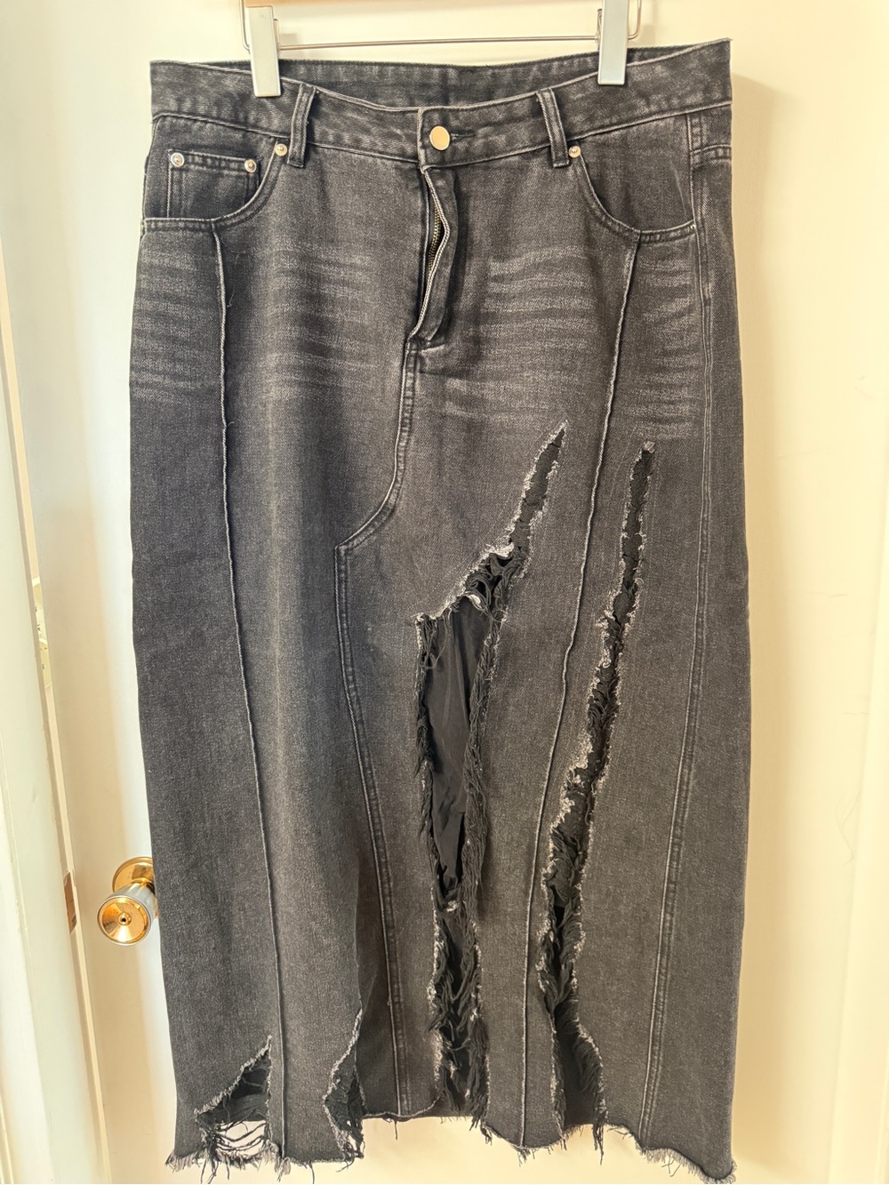 Kate Hewko 2XL Distressed Black Denim Maxi Skirt Deconstructed Grunge